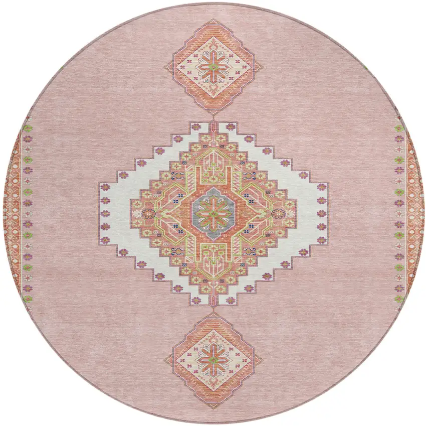 8' Pink Green And Ivory Round Oriental Washable Indoor Outdoor Area Rug Photo 2