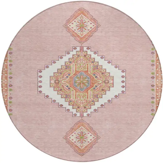 8' Pink Green And Ivory Round Oriental Washable Indoor Outdoor Area Rug Photo 2
