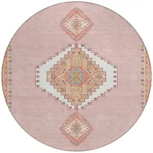 Photo of 8' Pink Green And Ivory Round Oriental Washable Indoor Outdoor Area Rug