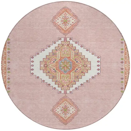 8' Pink Green And Ivory Round Oriental Washable Indoor Outdoor Area Rug Photo 5