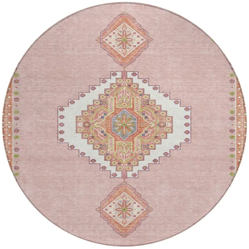 8' Pink Green And Ivory Round Oriental Washable Indoor Outdoor Area Rug Photo 5