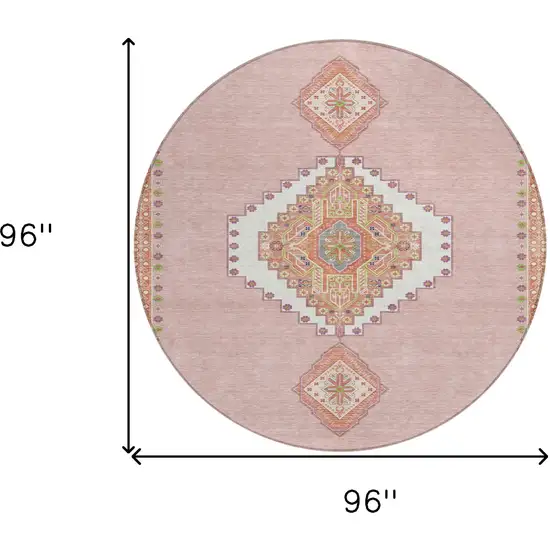 8' Pink Green And Ivory Round Oriental Washable Indoor Outdoor Area Rug Photo 3