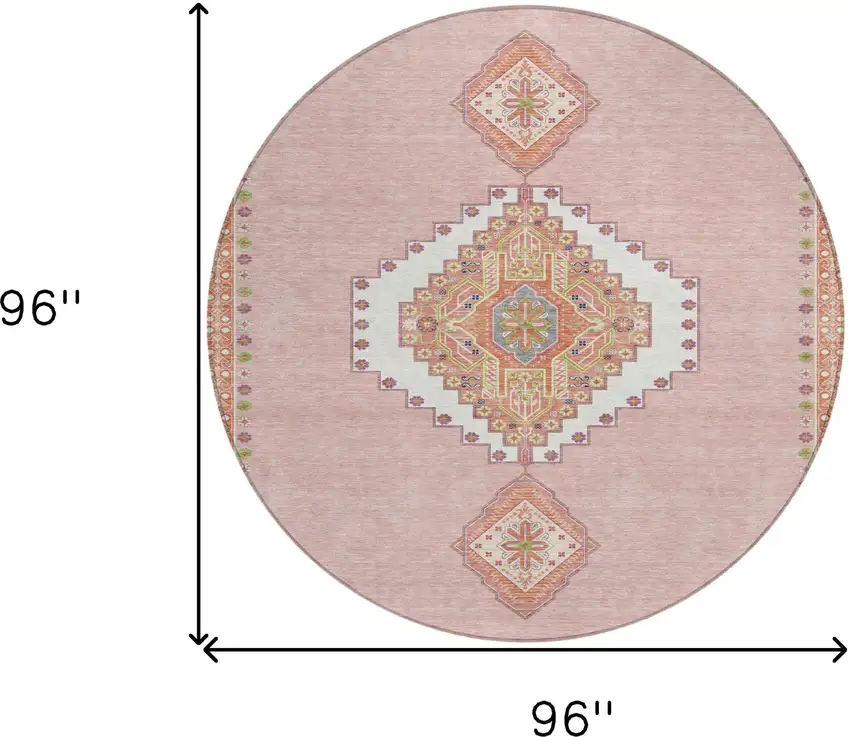 8' Pink Green And Ivory Round Oriental Washable Indoor Outdoor Area Rug Photo 3