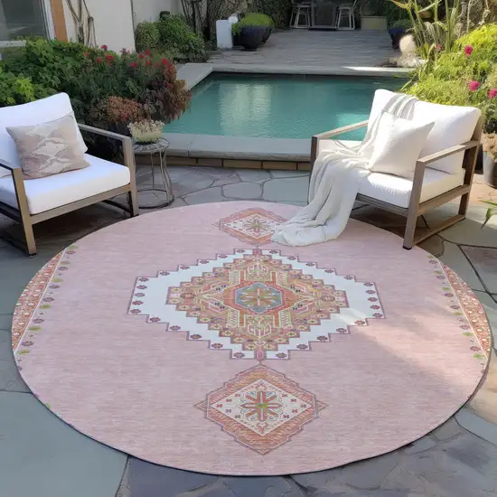 8' Pink Green And Ivory Round Oriental Washable Indoor Outdoor Area Rug Photo 7