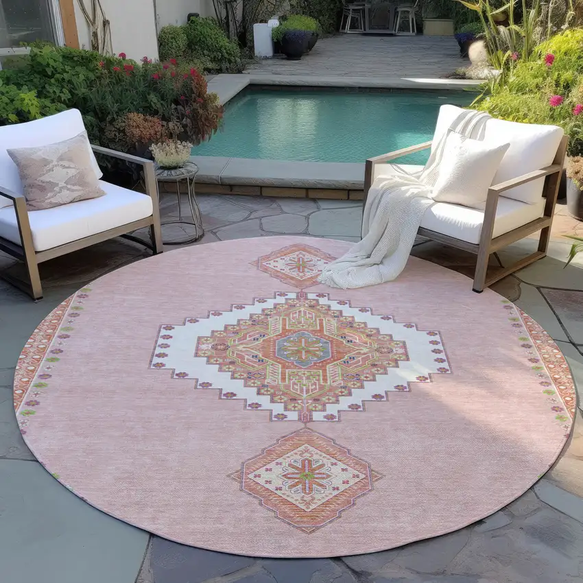 8' Pink Green And Ivory Round Oriental Washable Indoor Outdoor Area Rug Photo 7