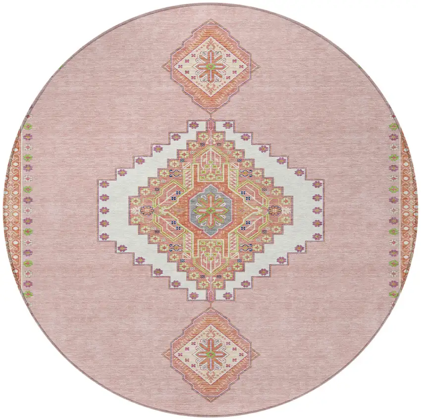 8' Pink Green And Ivory Round Oriental Washable Indoor Outdoor Area Rug Photo 6