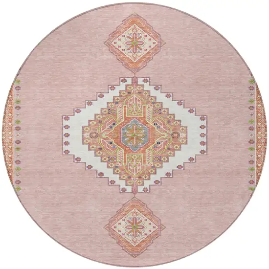 8' Pink Green And Ivory Round Oriental Washable Indoor Outdoor Area Rug Photo 6