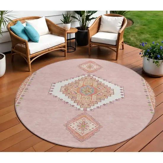 8' Pink Green And Ivory Round Oriental Washable Indoor Outdoor Area Rug Photo 1