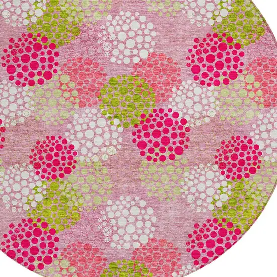 8' Pink Green And Ivory Round Polka Dot Washable Indoor Outdoor Area Rug Photo 4