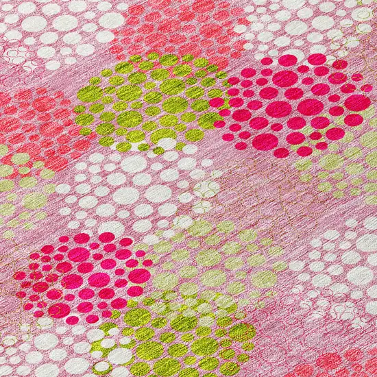 8' Pink Green And Ivory Round Polka Dot Washable Indoor Outdoor Area Rug Photo 5