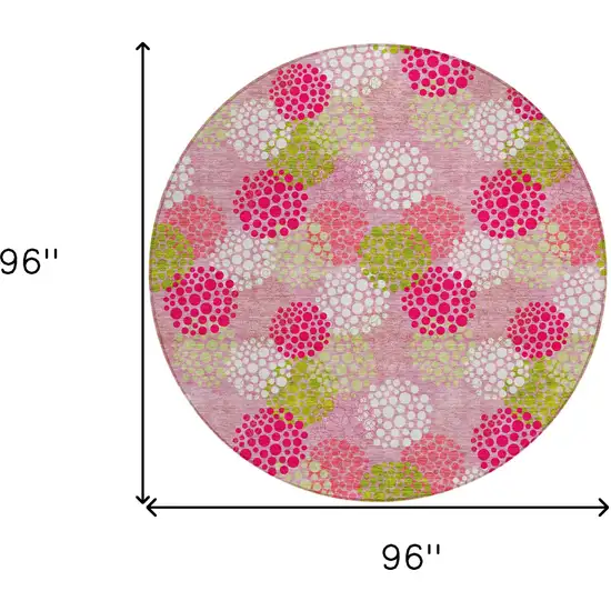 8' Pink Green And Ivory Round Polka Dot Washable Indoor Outdoor Area Rug Photo 3