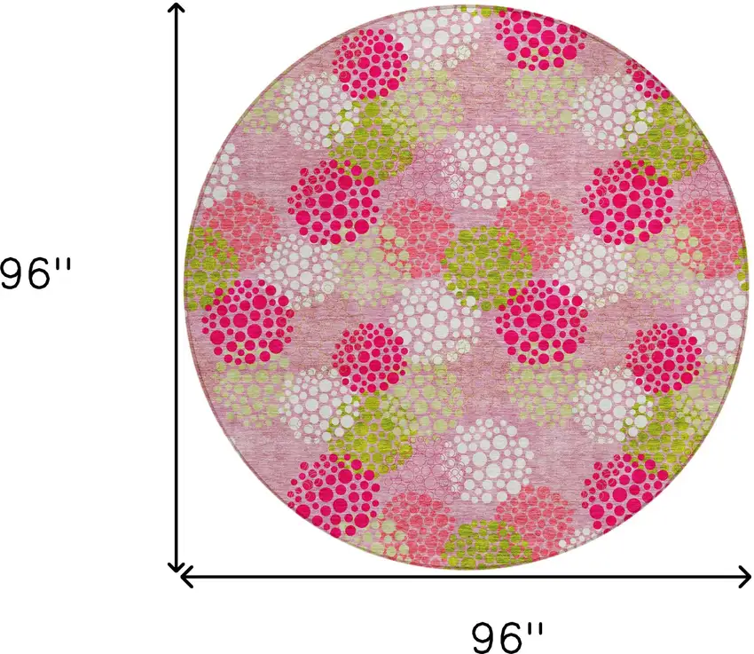 8' Pink Green And Ivory Round Polka Dot Washable Indoor Outdoor Area Rug Photo 3