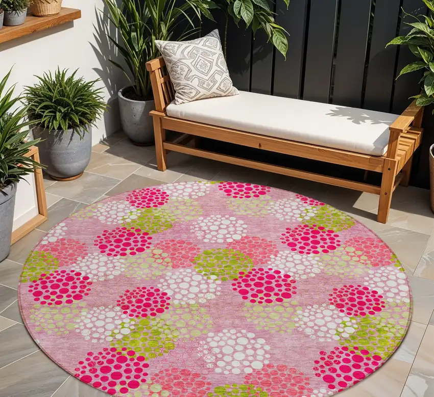 8' Pink Green And Ivory Round Polka Dot Washable Indoor Outdoor Area Rug Photo 1