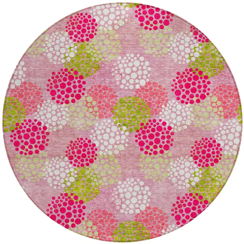 8' Pink Green And Ivory Round Polka Dot Washable Indoor Outdoor Area Rug Photo 2