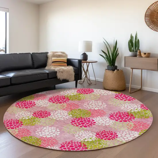 8' Pink Green And Ivory Round Polka Dot Washable Indoor Outdoor Area Rug Photo 8