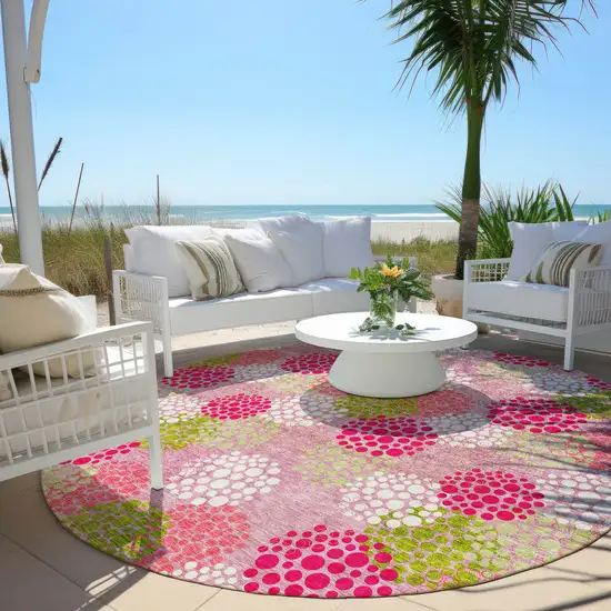 8' Pink Green And Ivory Round Polka Dot Washable Indoor Outdoor Area Rug Photo 7