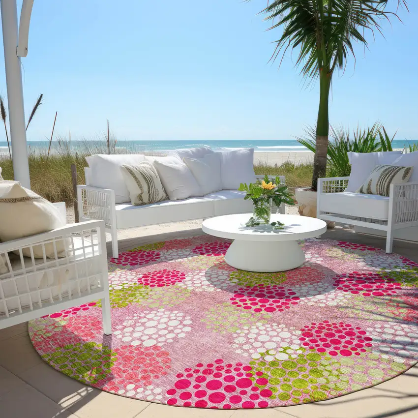 8' Pink Green And Ivory Round Polka Dot Washable Indoor Outdoor Area Rug Photo 7