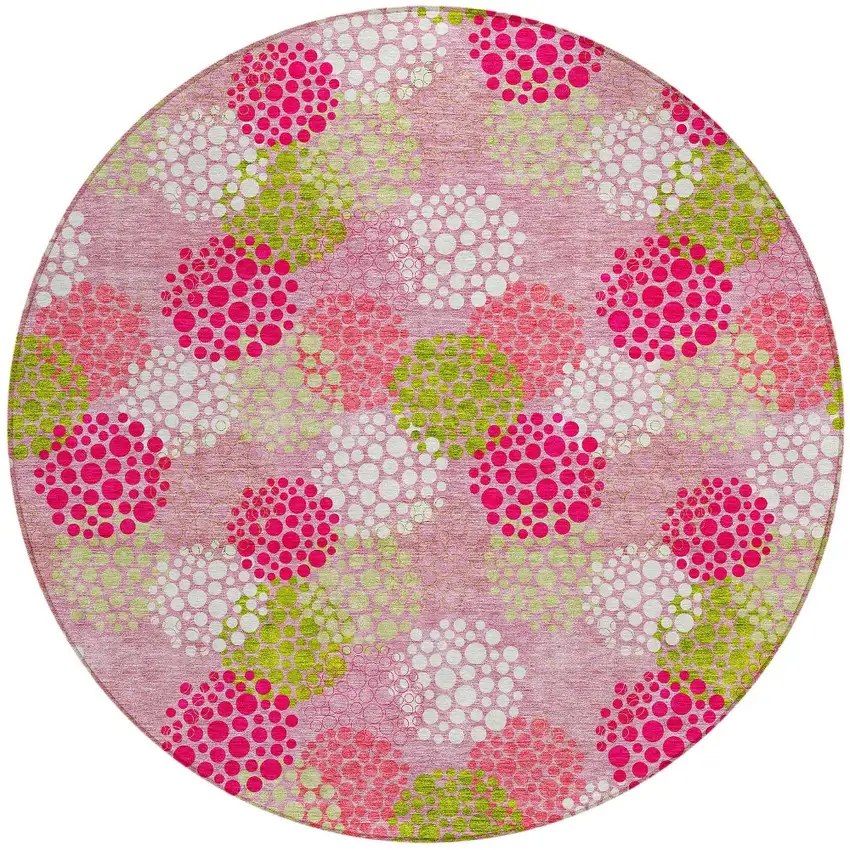8' Pink Green And Ivory Round Polka Dot Washable Indoor Outdoor Area Rug Photo 5