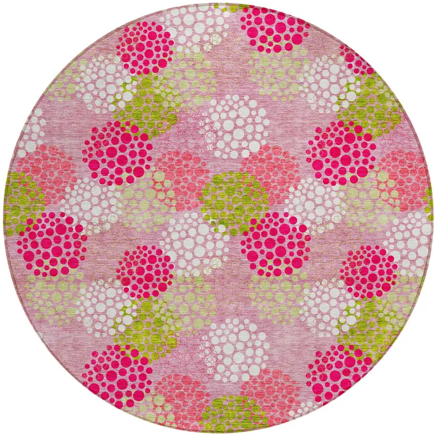 8' Pink Green And Ivory Round Polka Dot Washable Indoor Outdoor Area Rug Photo 2