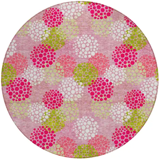 8' Pink Green And Ivory Round Polka Dot Washable Indoor Outdoor Area Rug Photo 2