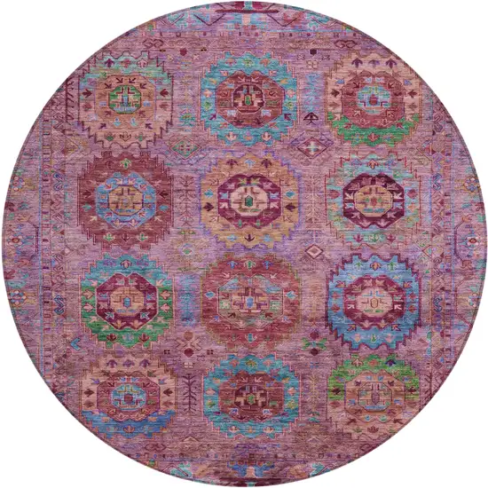 8' Pink Green And Mauve Round Medallion Washable Indoor Outdoor Area Rug Photo 2