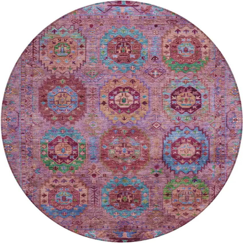 8' Pink Green And Mauve Round Medallion Washable Indoor Outdoor Area Rug Photo 2