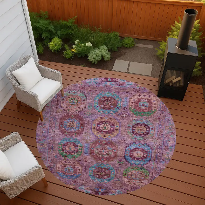 8' Pink Green And Mauve Round Medallion Washable Indoor Outdoor Area Rug Photo 8