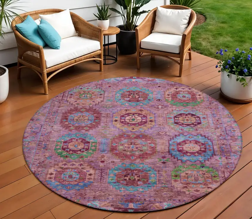 8' Pink Green And Mauve Round Medallion Washable Indoor Outdoor Area Rug Photo 1