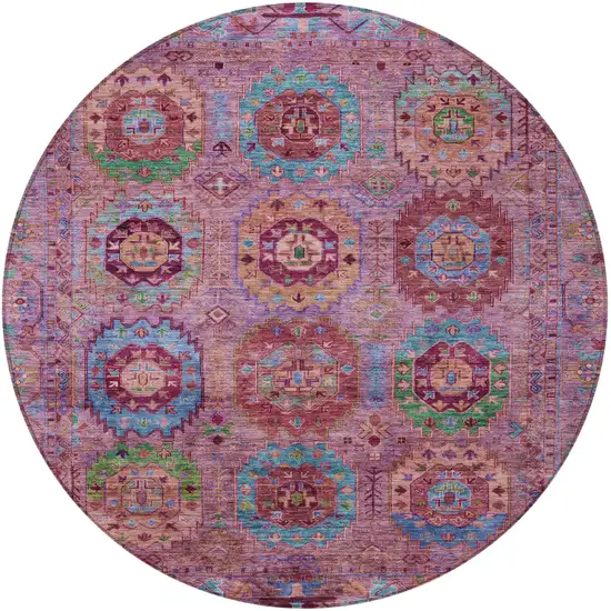 8' Pink Green And Mauve Round Medallion Washable Indoor Outdoor Area Rug Photo 5