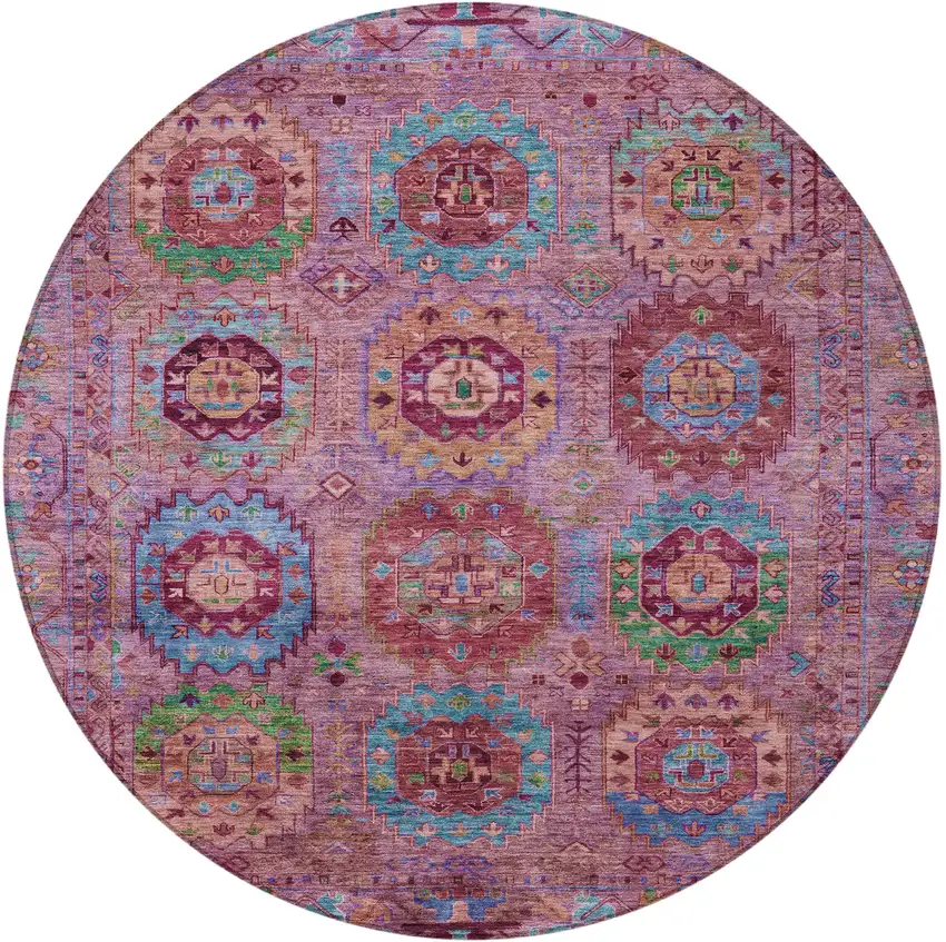 8' Pink Green And Mauve Round Medallion Washable Indoor Outdoor Area Rug Photo 5
