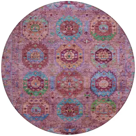 8' Pink Green And Mauve Round Medallion Washable Indoor Outdoor Area Rug Photo 4