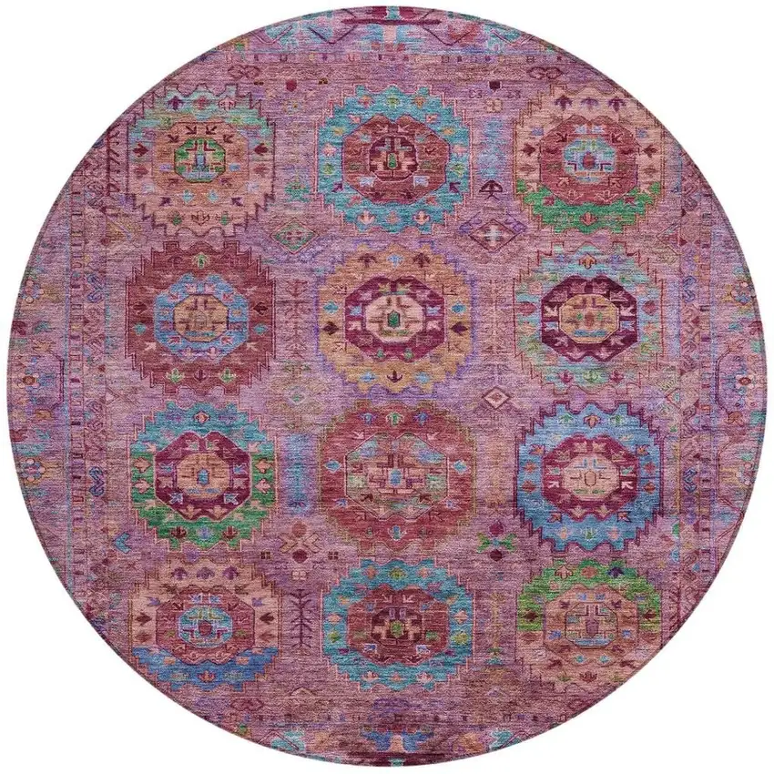 8' Pink Green And Mauve Round Medallion Washable Indoor Outdoor Area Rug Photo 4