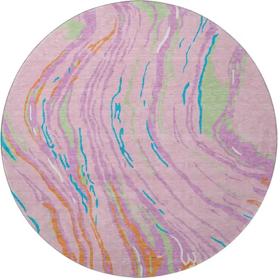 8' Pink Green And Orange Abstract Washable Round Rug With UV Protection Photo 2
