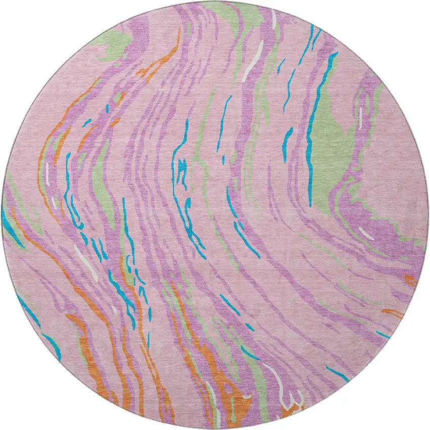 8' Pink Green And Orange Abstract Washable Round Rug With UV Protection Photo 2