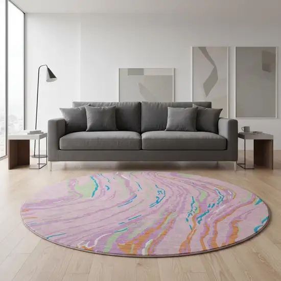 8' Pink Green And Orange Abstract Washable Round Rug With UV Protection Photo 2