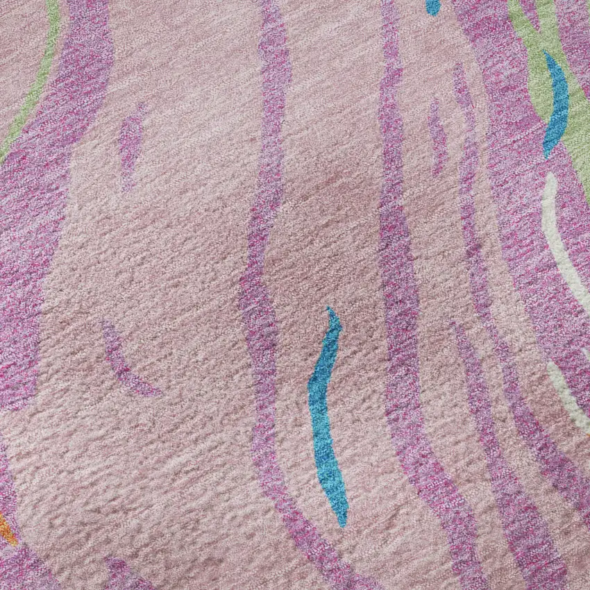 8' Pink Green And Orange Abstract Washable Round Rug With UV Protection Photo 7