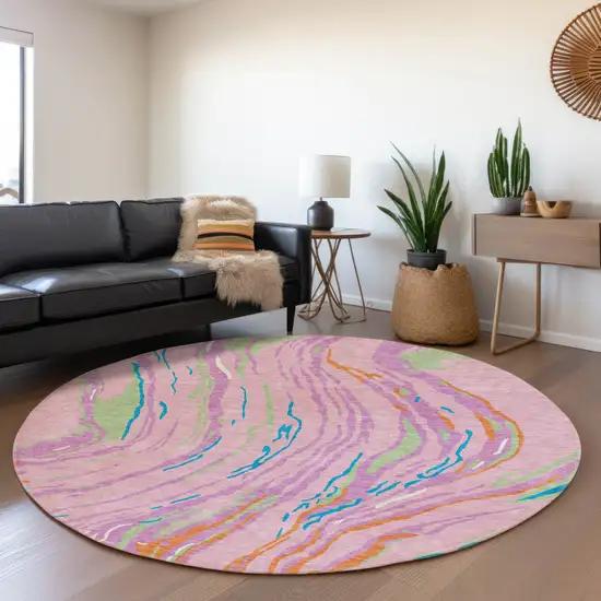 8' Pink Green And Orange Abstract Washable Round Rug With UV Protection Photo 3