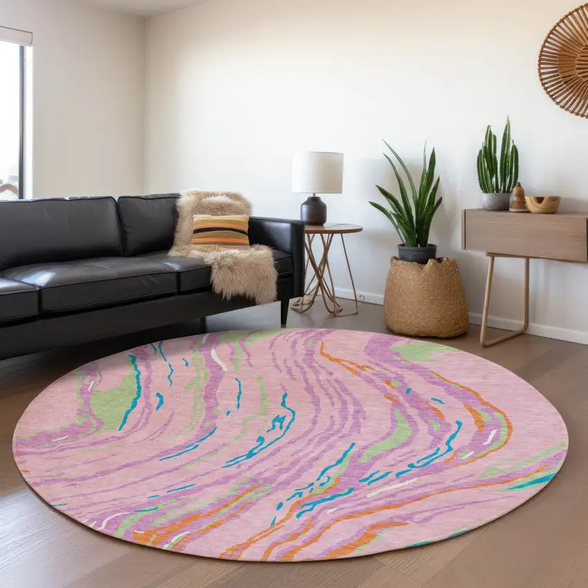 8' Pink Green And Orange Abstract Washable Round Rug With UV Protection Photo 3