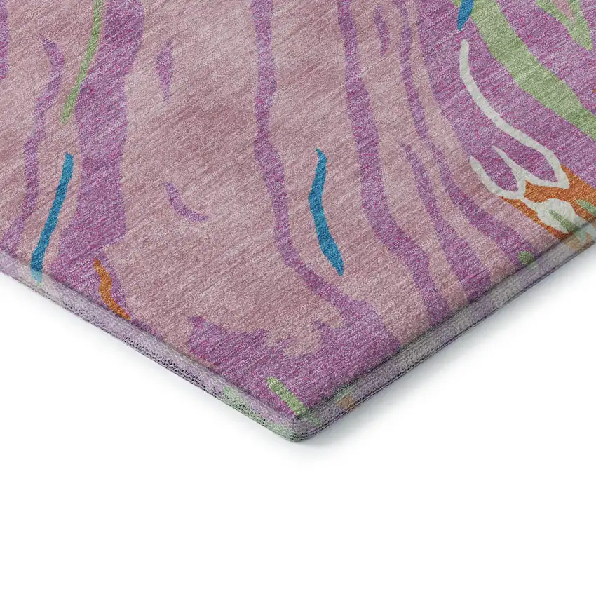 8' Pink Green And Orange Abstract Washable Round Rug With UV Protection Photo 5