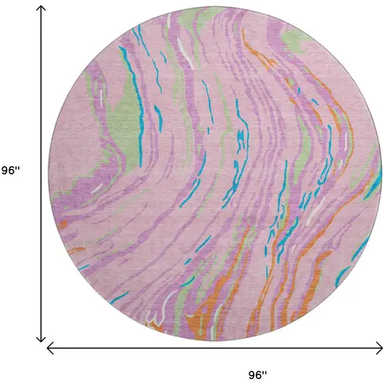 8' Pink Green And Orange Abstract Washable Round Rug With UV Protection Photo 8