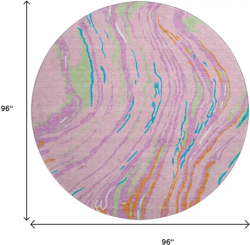 8' Pink Green And Orange Abstract Washable Round Rug With UV Protection Photo 8