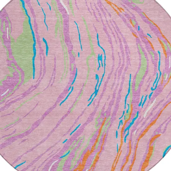8' Pink Green And Teal Blue Round Abstract Washable Indoor Outdoor Area Rug Photo 5