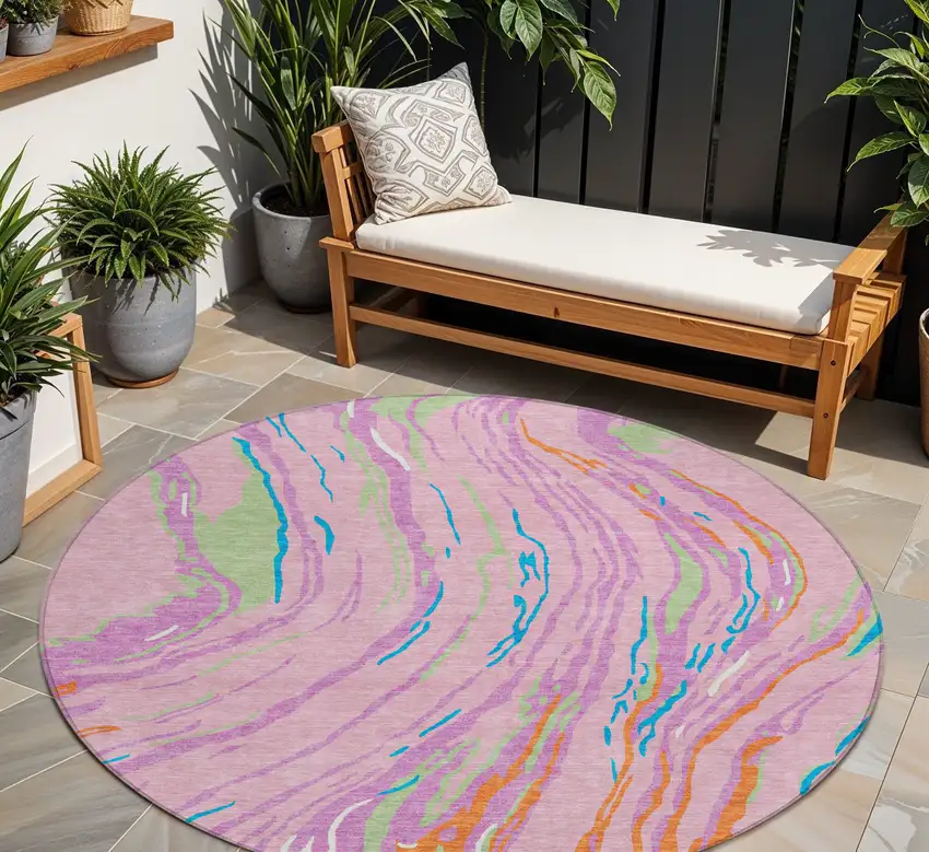 8' Pink Green And Teal Blue Round Abstract Washable Indoor Outdoor Area Rug Photo 1