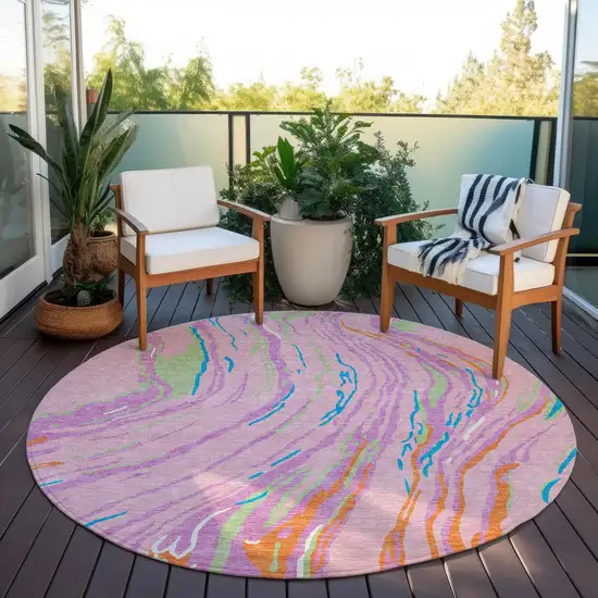 8' Pink Green And Teal Blue Round Abstract Washable Indoor Outdoor Area Rug Photo 7