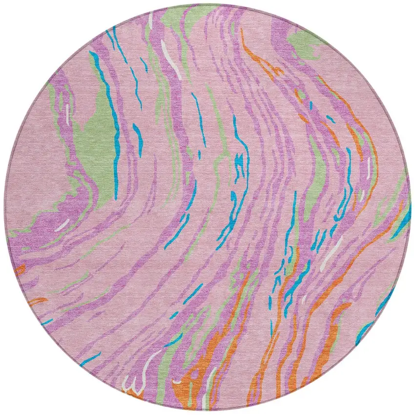 8' Pink Green And Teal Blue Round Abstract Washable Indoor Outdoor Area Rug Photo 6