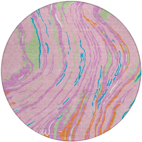 8' Pink Green And Teal Blue Round Abstract Washable Indoor Outdoor Area Rug Photo 2