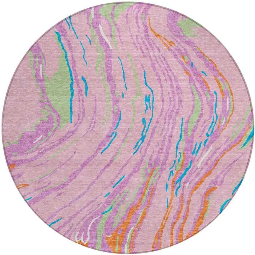 8' Pink Green And Teal Blue Round Abstract Washable Indoor Outdoor Area Rug Photo 2