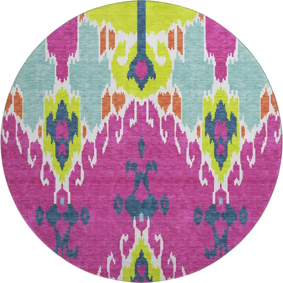 8' Pink Green And Teal Ikat Washable Round Rug With UV Protection Photo 1