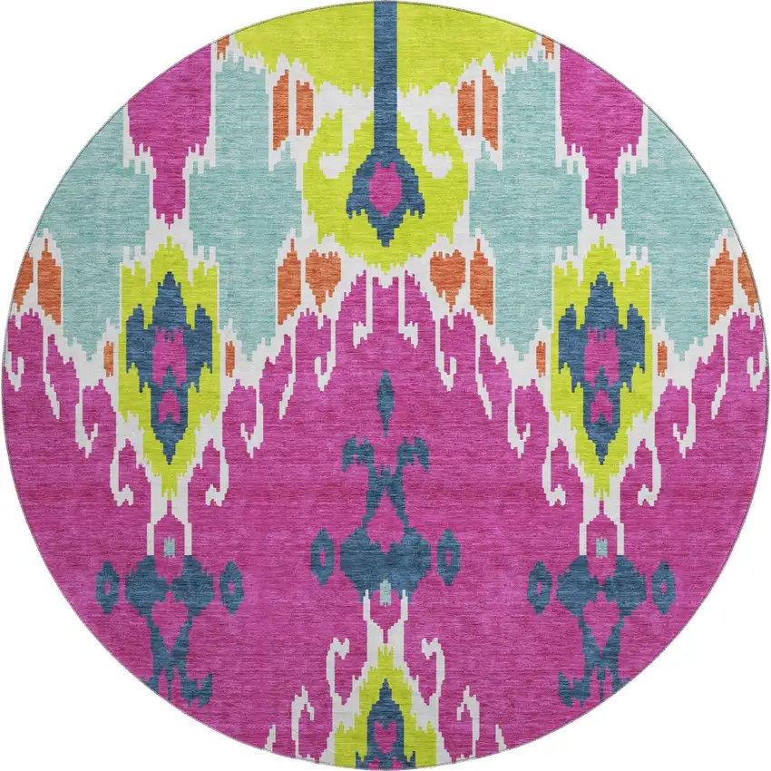 8' Pink Green And Teal Ikat Washable Round Rug With UV Protection Photo 1