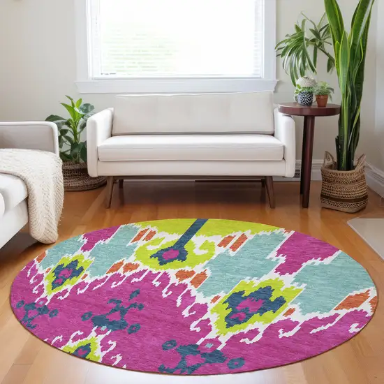 8' Pink Green And Teal Ikat Washable Round Rug With UV Protection Photo 5
